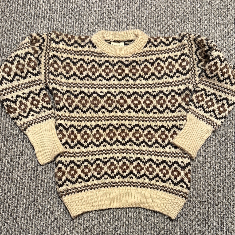 Vintage Gaeltarra Sweater Womens Pullover Beige Wool Geometric Ireland Chunky